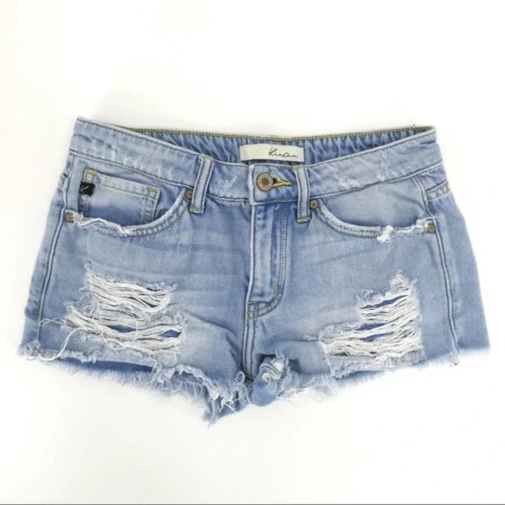 KanCan | Women’s Distressed Mid Rise Cut Off Shortie, Blue, S